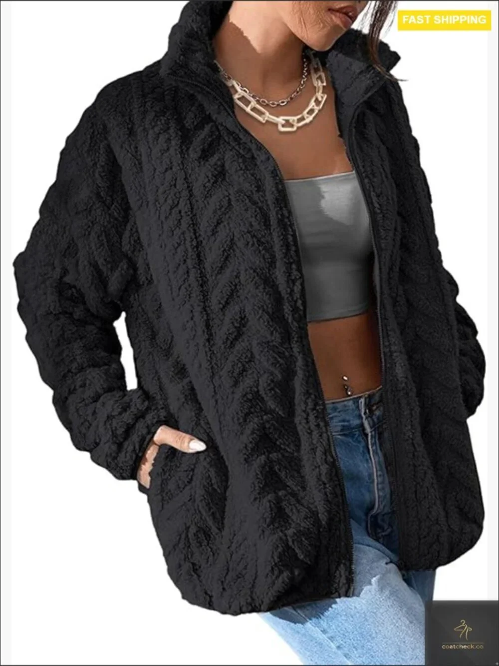 Oversized Fleece Jacket Casual Chic Winter Cozy Teddy Fabric Stand Collar